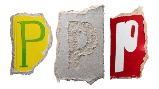 P or d alphabet torn from a magazine paper. Ransom note style letters.
