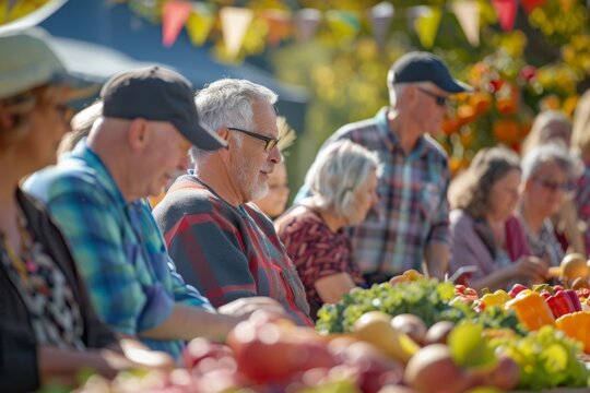 Group of elderly people at a vibrant community harvest market, under a sunny, festive atmosphere - Powered by Adobe
