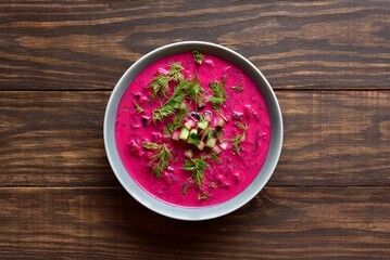 Cold summer beet soup with cucumbers, dill and yogurt