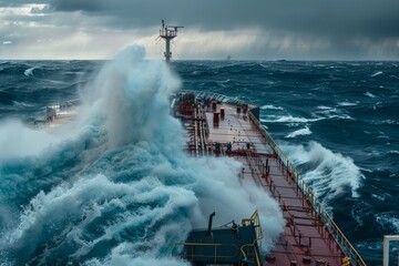 Oil tanker navigating through rough seas with large waves crashing against the deck, under a stormy and cloudy sky