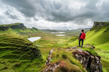 Obraz premium Solo traveler standing on a rocky ledge, overlooking a vast, green landscape with rolling hills, lakes, and dramatic clouds