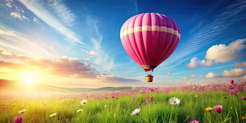 Fototapeta premium Charming of a pink hot air balloon above a spring meadow, hot air balloon, pastel pink, floating, blossoming, spring