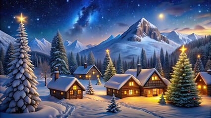 Fototapeta premium Charming winter village scene with snow-covered houses, lit Christmas trees