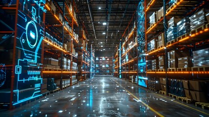 Futuristic Smart Warehouse with IoT Sensors Tracking Real Time Inventory and Logistics