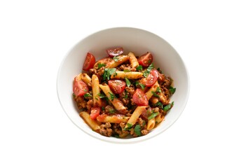Bolognese penne pasta with minced meat, tomatoes and greens