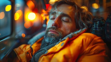 Obraz premium Tired man Sleeping on public transport or buses in winter