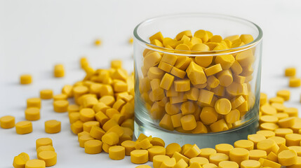 Close-up of yellow plastic polymer granules. glass with Polymer pellets. polymer plastic. compound polymer.