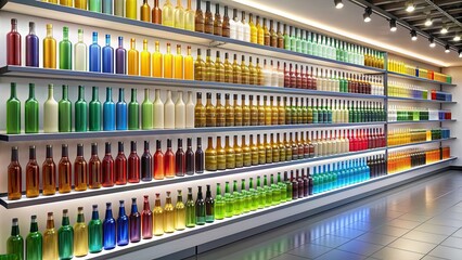 Bottle display in modern retail store with various sizes and colors of bottles on shelves , retail, store, display, bottles