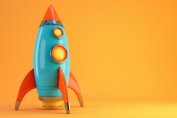 A studio photo of a cute blue and orange toy rocket ready for take-off, against yellow background. Photo for an innovative product launch, or space travel concept.