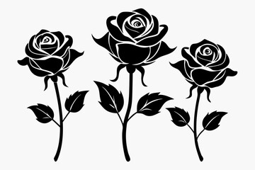 rose flowers silhouettes Vector set, set of decorative rose with leaves	
