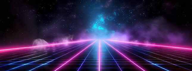 Synthwave vaporwave retrowave cyber background with copy space, laser grid, starry sky, blue and purple glows with smoke and particles.