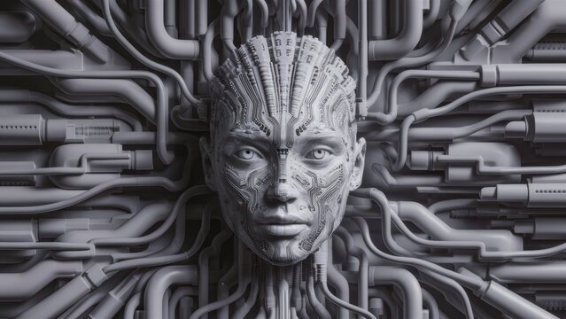 A digital image of a face with many wires coming out from it, AI