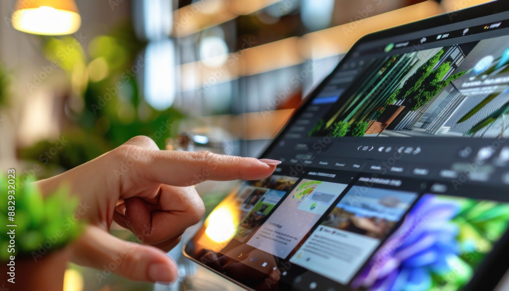 Poster a person points at a tablet for communication and multimedia sharing on a portable device