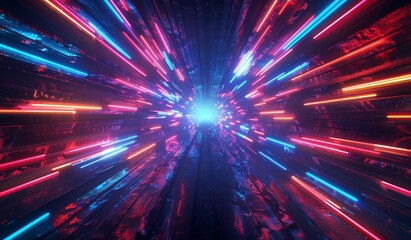 Obraz premium Abstract Neon Lights Design With Pink and Blue Lines Converging in a Symmetrical Pattern