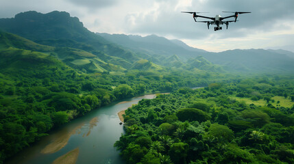Fototapeta premium A photo of a flying professional quadcopter with an unmanned camera