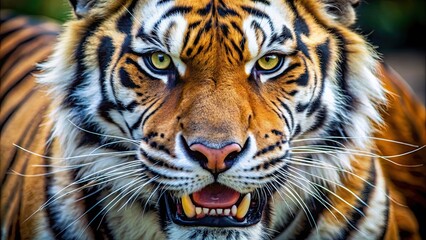Fototapeta premium Close up of a tiger showing its fierce expression and sharp teeth , wildlife, predator, feline, carnivore, wild animal