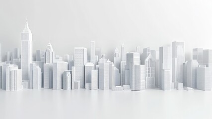 High-resolution 3D image of white buildings on a white background. Minimalistic city skyline with ample copy space.