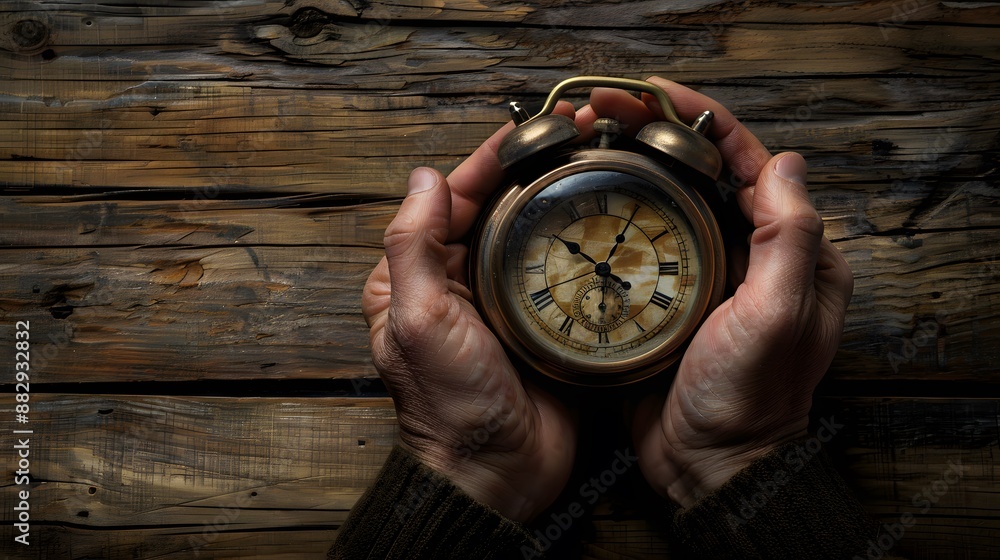 Wall mural hands holding a vintage alarm clock in a close-up frame, evoking timeless memories.