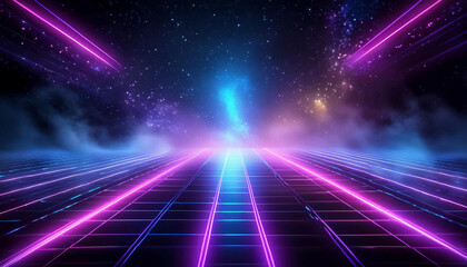 Synthwave vaporwave retrowave cyber background with copy space, laser grid, starry sky, blue and purple glows with smoke and particles.