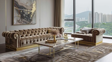 A luxurious living room with a velvet sofa