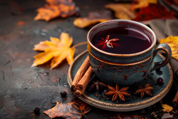 Fragrant hot mulled wine in a ceramic mug. Cinnamon sticks, star anise, spices. Autumn leaves, yellow maple leaves. Cosiness. Wine, hot drink.