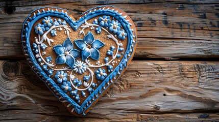 A blue and white gingerbread heart with floral design on a rustic wooden background.
