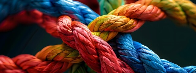 A colorful knotted ting of rope with different colors on a black background. An abstract concept for global business, teamwork and diversity in corporate team work or collaboration themes. 