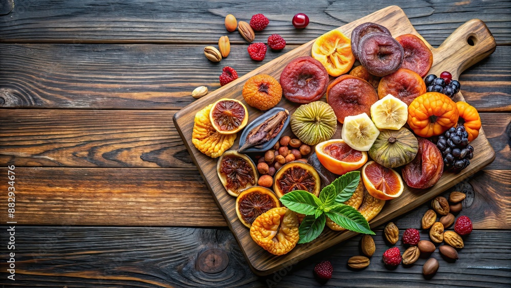 Poster Colorful assortment of dried fruits and figs on a wooden cutting board, figs, dried fruit, assortment, colorful, healthy