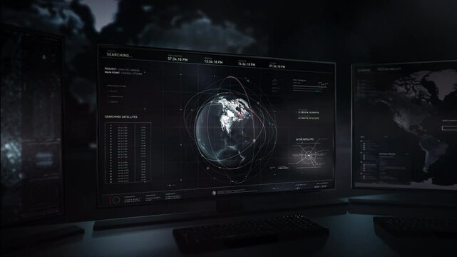 Interactive world map. The satellites localize strategic facilities worldwide. Аnalyzing Canada, Ottawa. Display of active satellites orbiting earth. Tracing and detection the target. User interface.