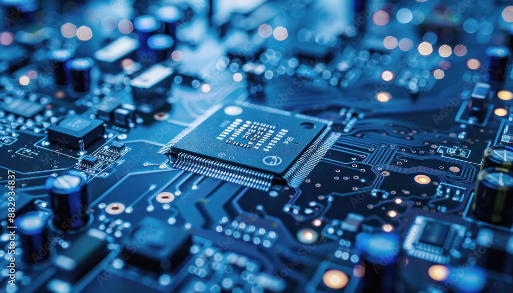 Poster closeup of a computer chip on a motherboard displaying electronic engineering and hardware