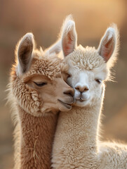 Fototapeta premium Nature Photography Gentle Alpacas: A pair of alpacas nuzzling each other in a sunny pasture