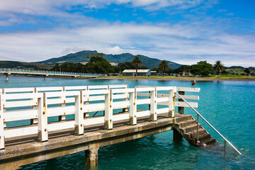 A lonely seagull perched on the edge of rustic jetty. Sheltered bay at Tawatahi River at the town centre of Raglan, New Zealand