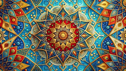 Obraz premium Colorful abstract painting with geometric shapes and organic patterns in blue, gold, and red tones, abstract, painting, geometric