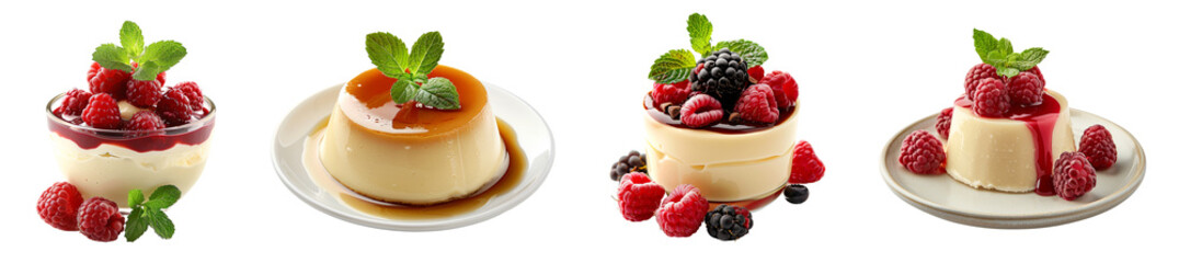 Fototapeta premium Vanilla panna cotta desserts with fresh berries gourmet indulgence transparent background