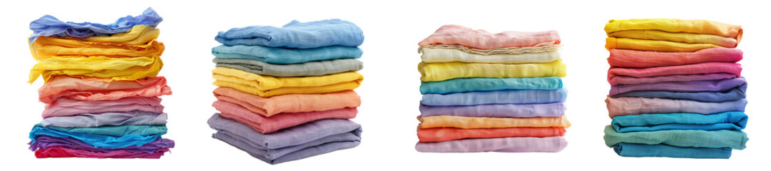 Stacks of colorful fabric in various textures textile materials transparent background