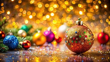 Fototapeta premium Christmas ball decoration with sparkling ornaments and festive colors, holiday, celebration, traditional, christmas tree