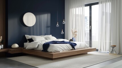 A modern bedroom with a platform bed