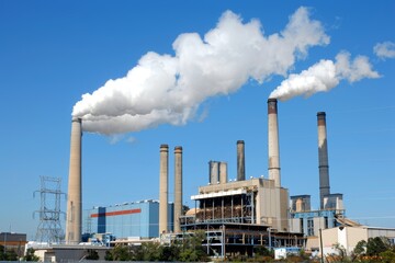 Obraz premium Wood pellet fired power plant with steam billowing from its towers in a picturesque industrial scene