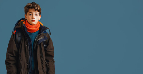 Stylish boy in warm outfit. Fall winter fashion kids concept.