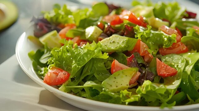 A colorful salad of mixed greens avocado chunks and a zesty vinaigrette made with avocado oil.