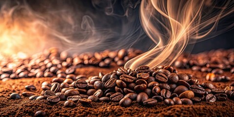 Close-up of steaming freshly ground coffee with whole beans, creating a cozy and aromatic ambiance , coffee, steam, espresso