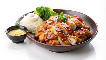Fototapeta premium Chicken Yakiniku with Asian sauce and potato cream isolated on white background, Yakiniku, Chicken, Asian, Sauce