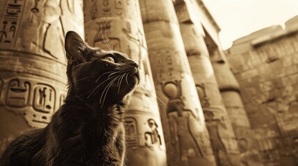 Majestic Black Cat in Ancient Egyptian Temple with Hieroglyphics and Stone Columns in Sepia Tone