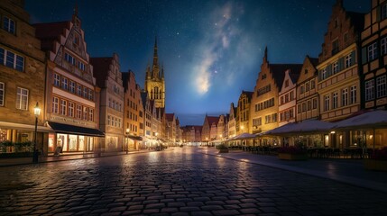 Fototapeta premium AI generator image of Munster, Germany at the night times,Photo Prinzipalmarkt shopping in a lively historical square Münster, Germany at night and the northern lights are very bright and beautiful.