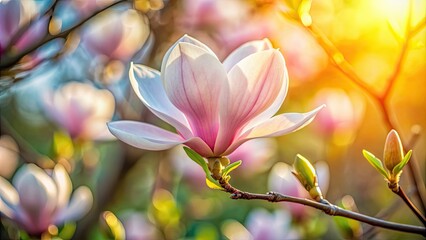Closeup of magnolia flower background with soft focus, sunlight, and blurred background, magnolia, flower, closeup, soft focus