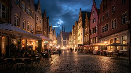 AI generator image of Munster, Germany at the night times,Photo Prinzipalmarkt shopping in a lively historical square Münster, Germany at night and the northern lights are very bright and beautiful.