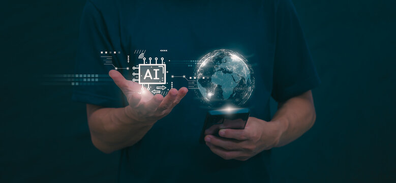 The person showing AI technology that connects information to various systems, concepts, management, digital transformation Internet of Things, Big Data and Business Processes, Automated Operations