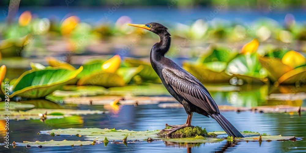 Wall mural Black Anhinga perched on water lilies in a calm lake, Black Anhinga, perched, water lilies, calm lake, wildlife, nature