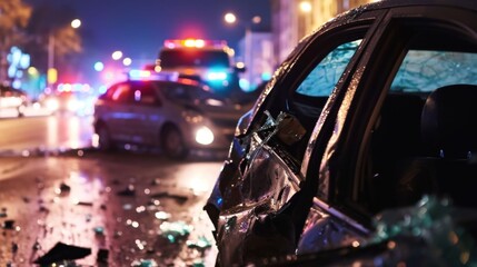 Car Accident scene on wet road at night with bokeh lights. Selective focus. Car Accident concept. Car Insurance agency Concept with copy space.