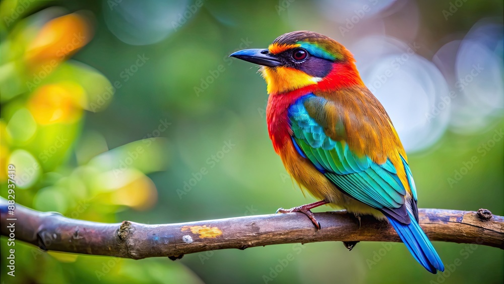 Poster Close-up photo of a colorful bird perched on a tree branch, avian, feathers, wildlife, nature, plumage, wings, beak